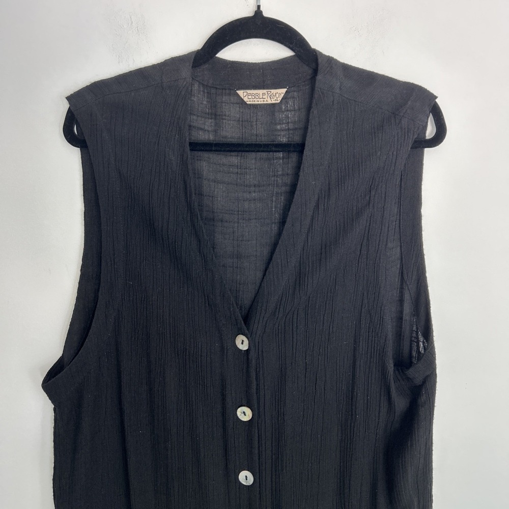 Pebble‎ Rayon Made In USA Women's XL Sleeveless Button Up Black Gauze Dress